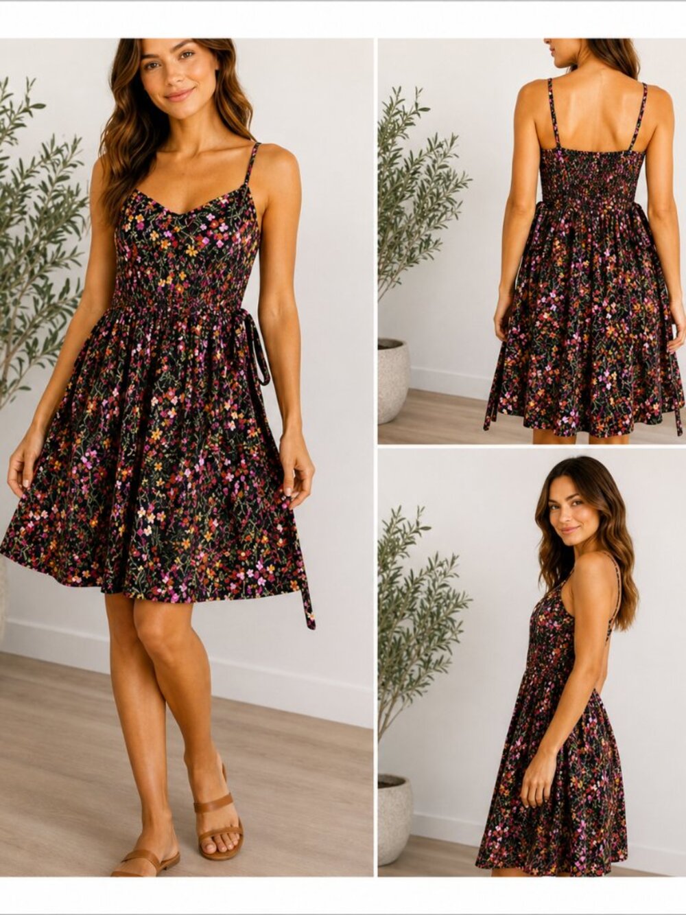Grace Elements Black Floral Smocked Spaghetti Strap Sundress Boho Size 6 Summer